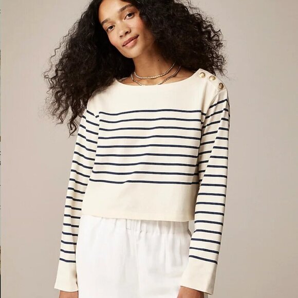 J.Crew Cropped Boatneck T-shirt with Buttons in Mariner Cotton - Size Large - Picture 1 of 3